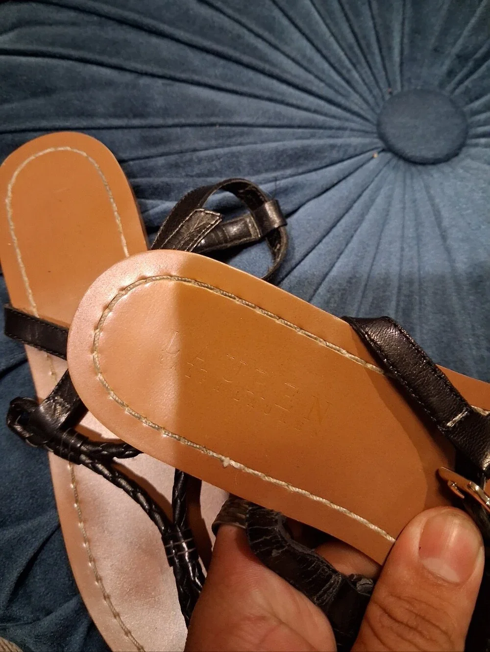 Lauren Ralph Lauren Black Braided Thong Sandals with Tan Footbed